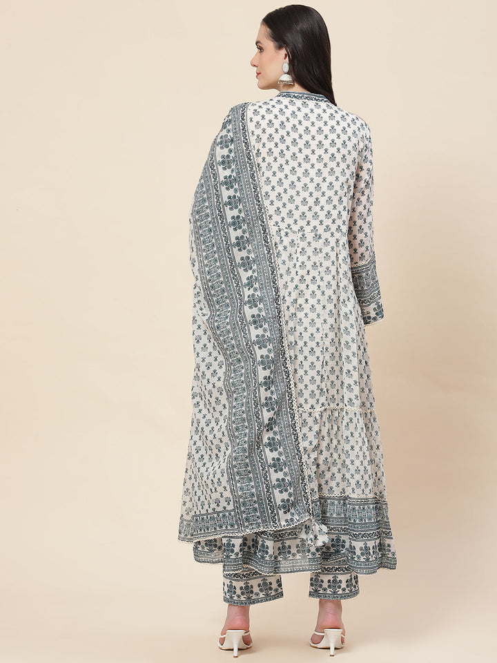 Floral Printed Cotton Kurta With Pants &amp; Dupatta