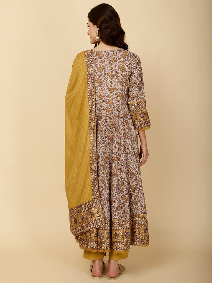 Floral Block Printed Anarkali Kurta With Pants &amp; Dupatta