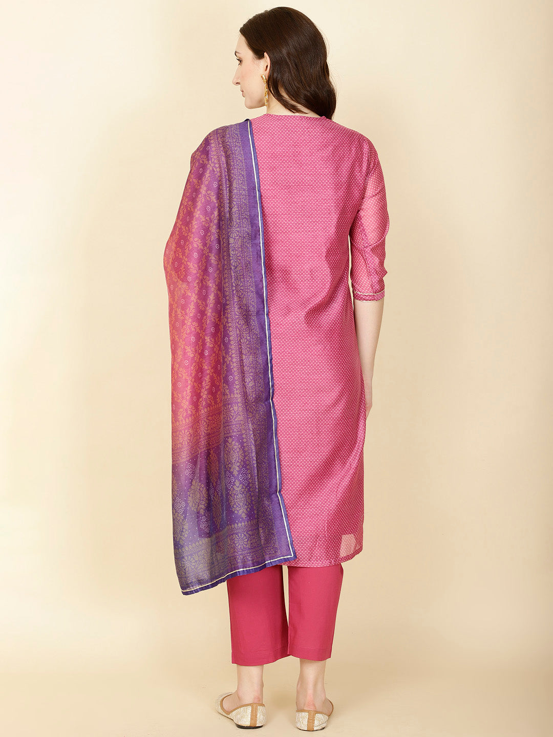 Neck Gota Patti &amp; Printed Chanderi Kurta With Pants &amp; Dupatta