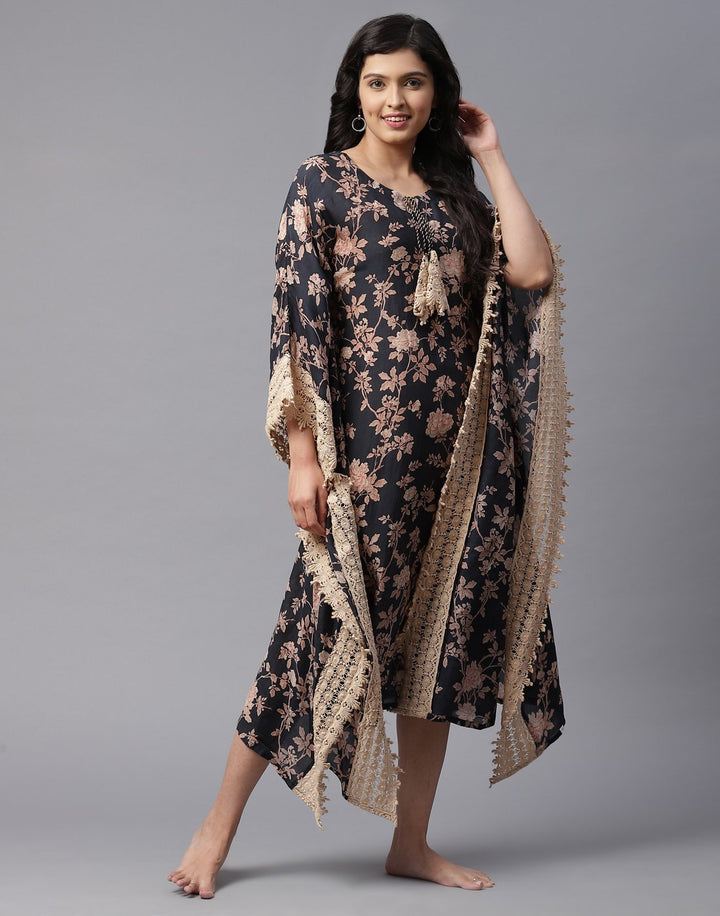 Cotton Printed Kaftan with Lace Detail