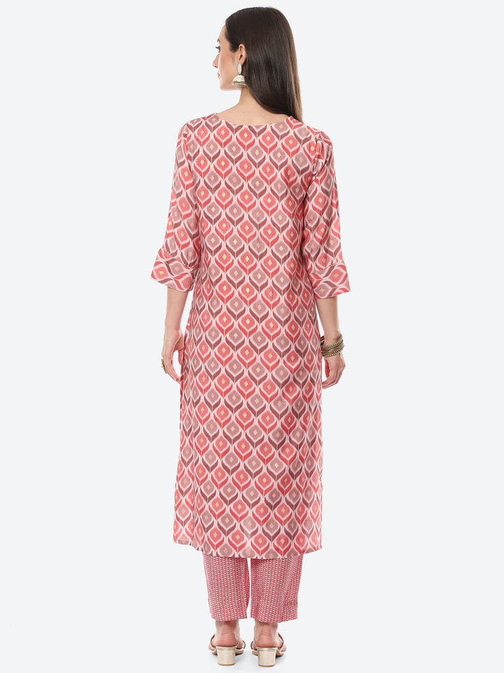 Printed Neck Embroidered Patti Chanderi Kurta With Pant