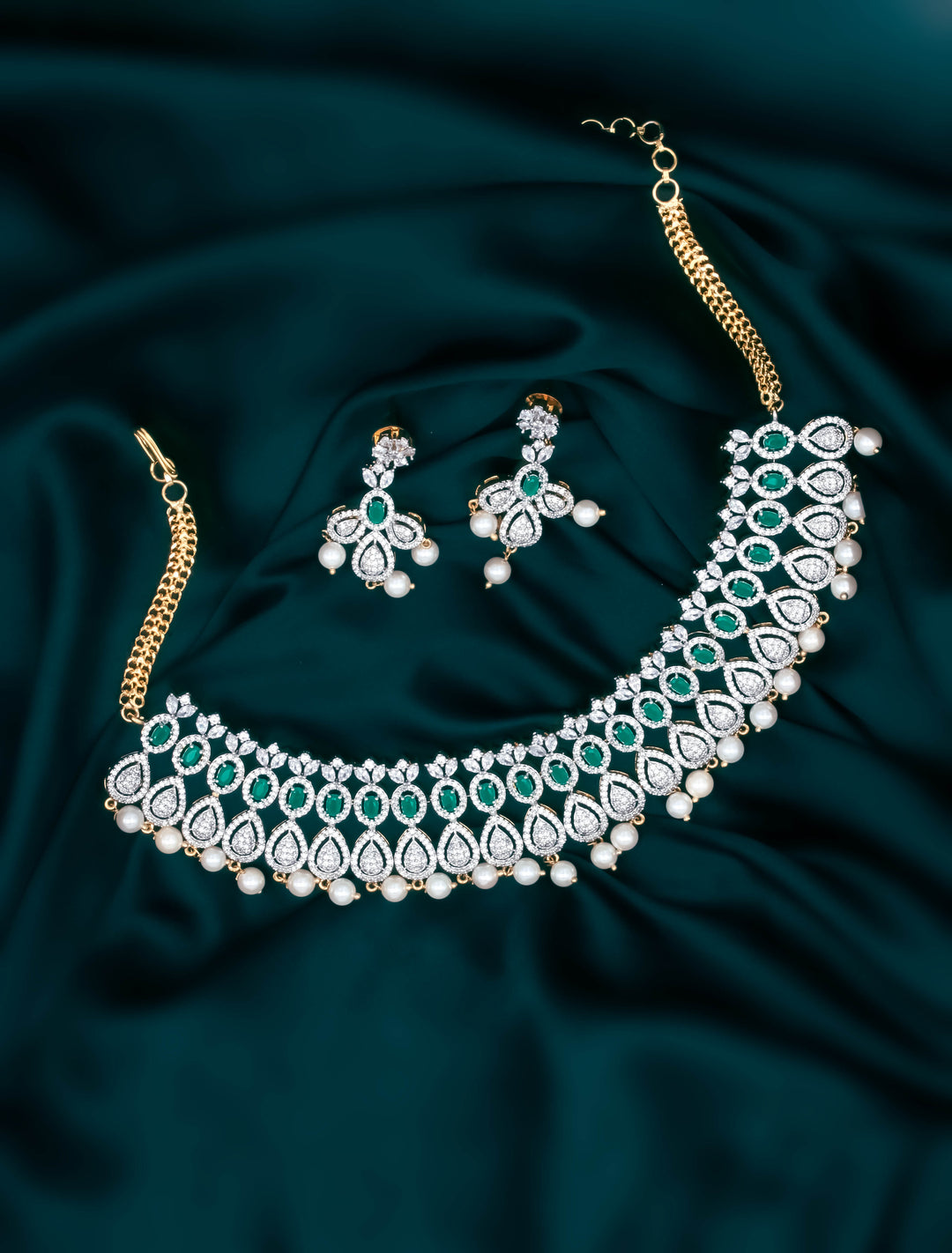 Gold Green Colored Stone Necklace With Earrings