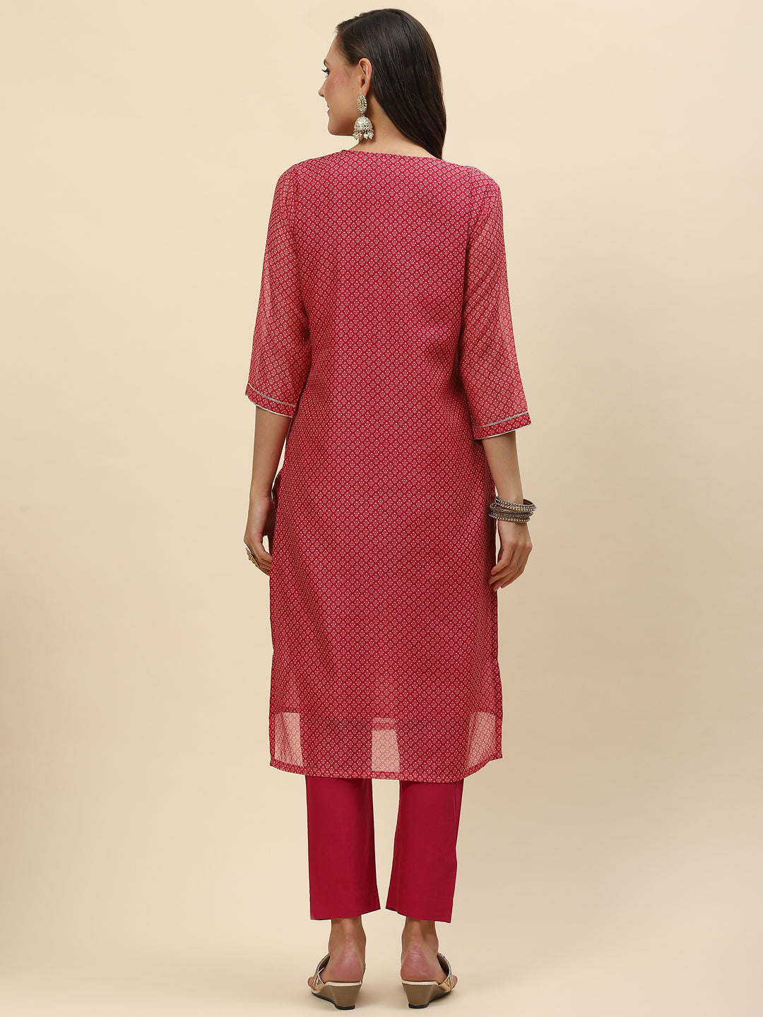 Neck Embroidered &amp; Floral Printed Chanderi Kurta With Pants