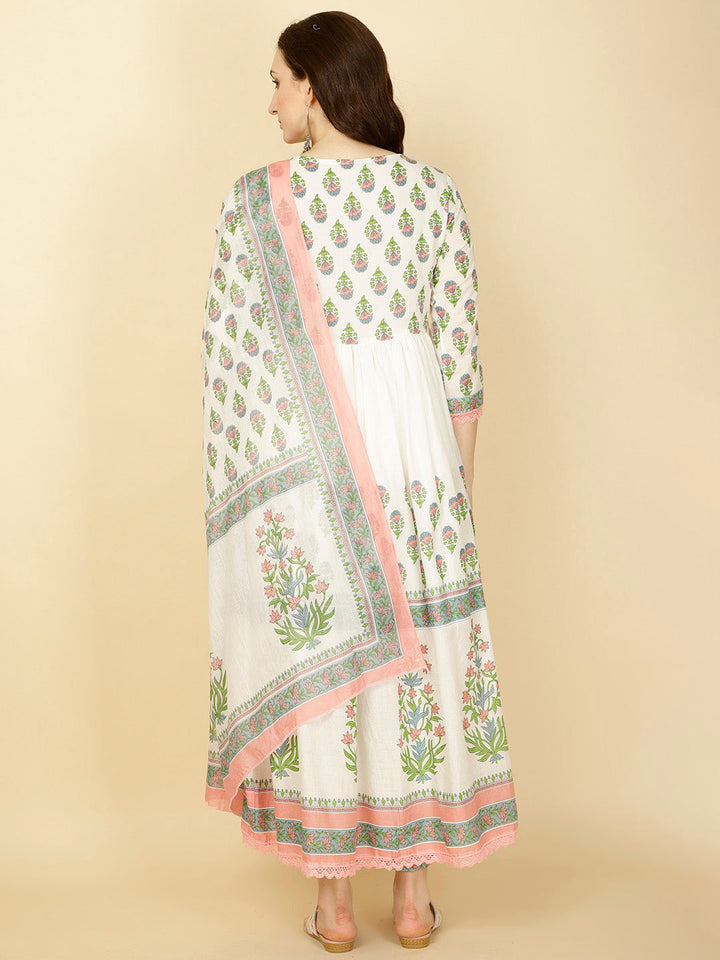 Floral Printed Cotton Kurta With Pants &amp; Dupatta