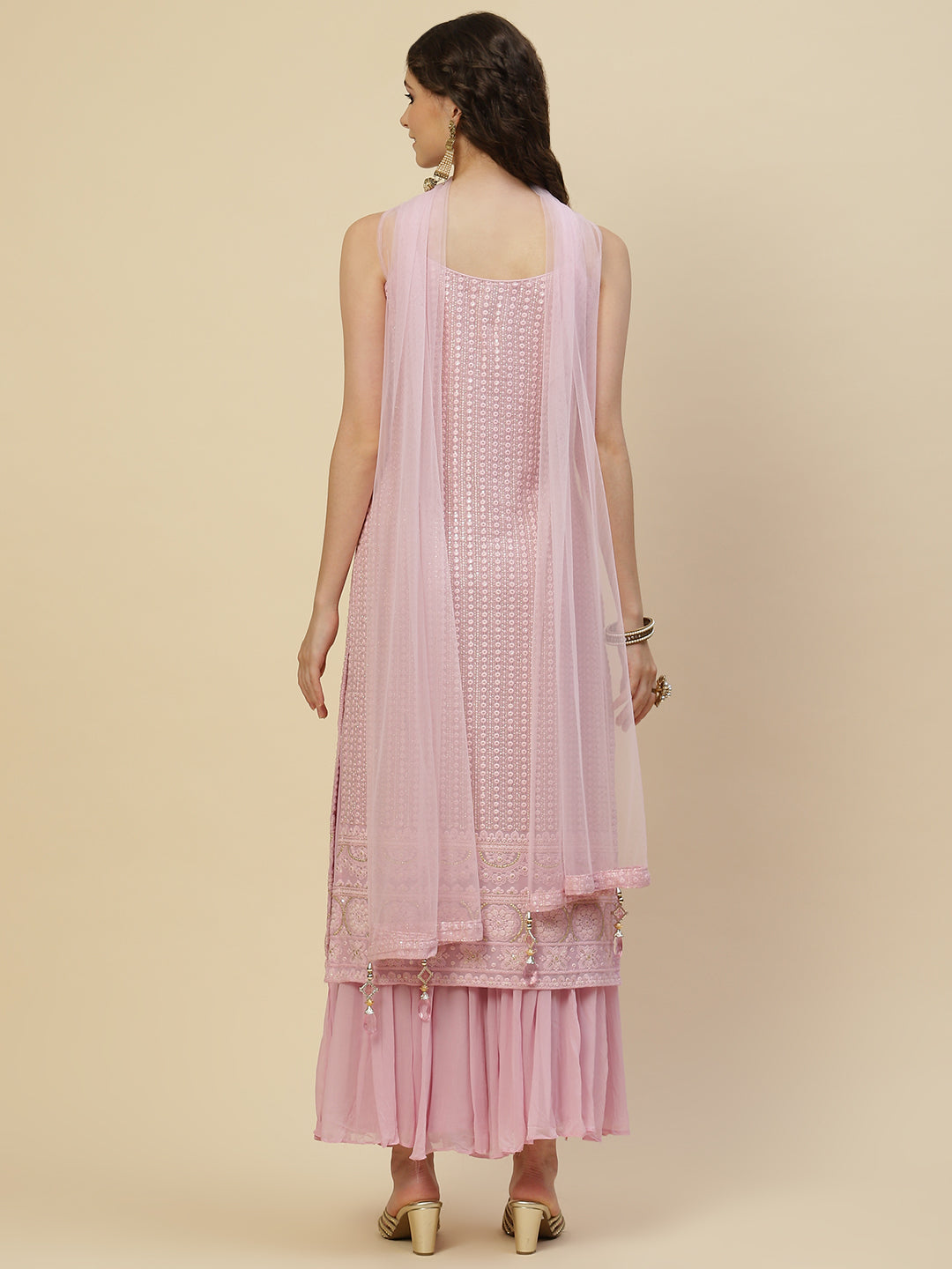 Resham Jaal Embroidered Georgette Kurta With Garara &amp; Dupatta