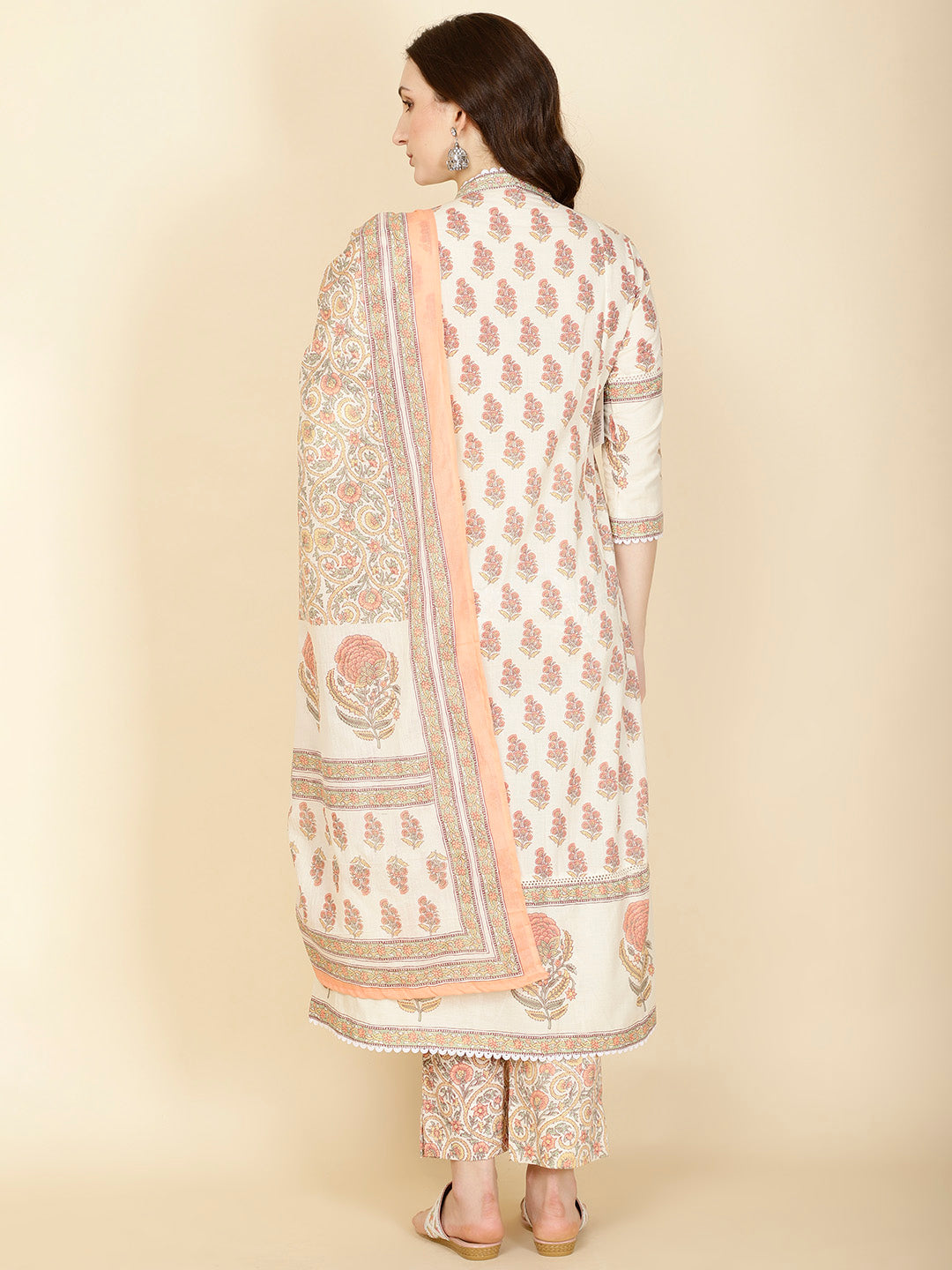 Floral Block Printed Cotton Kurta With Pants &amp; Dupatta