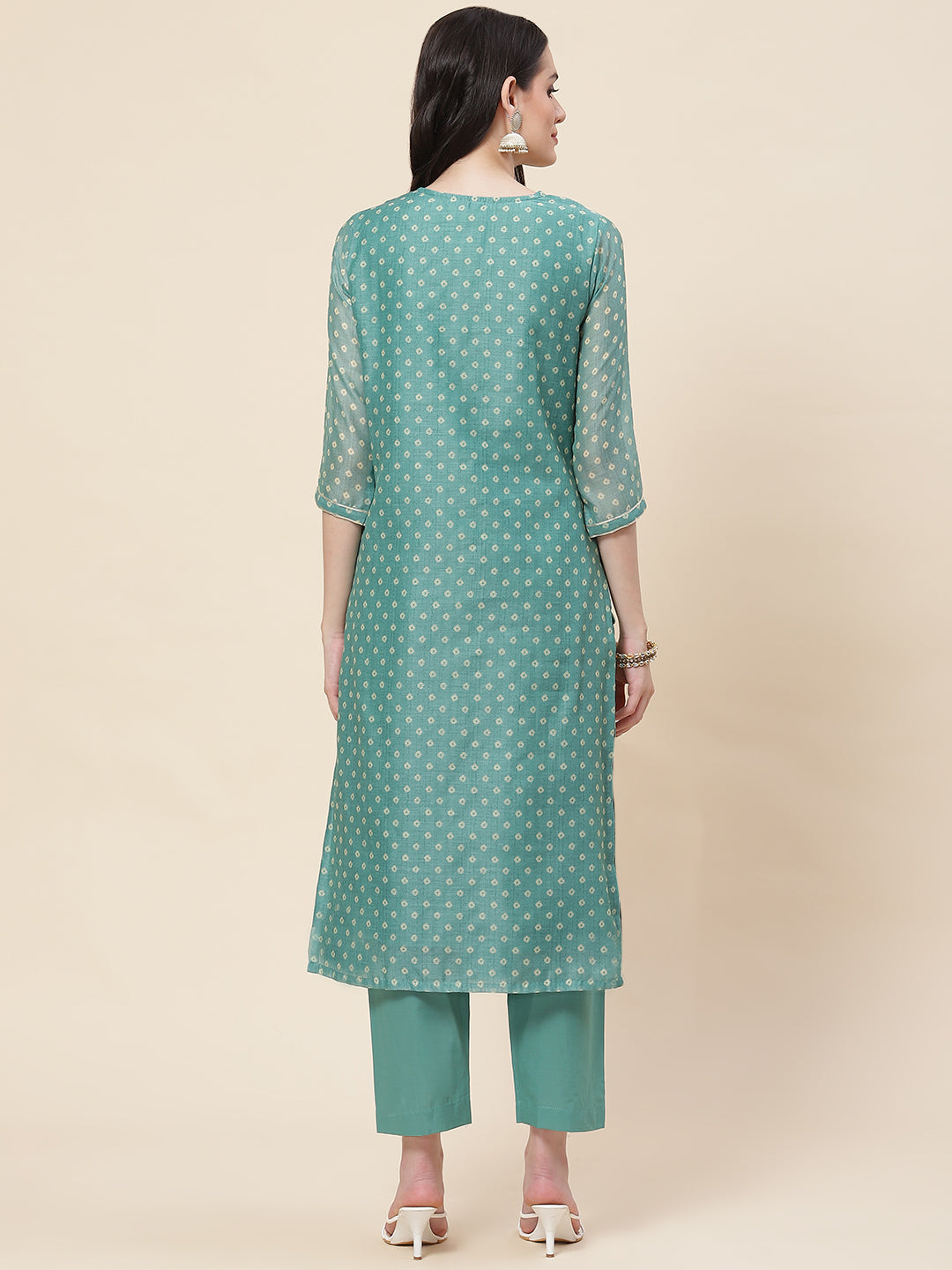 Printed &amp; Neck Embroidered Chanderi Kurta With Pants