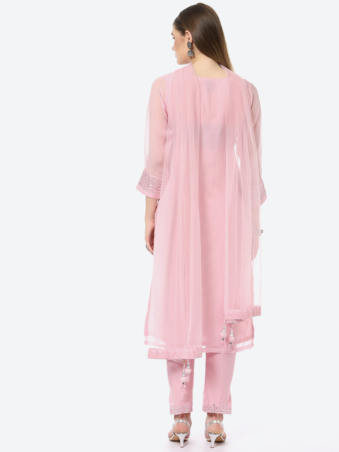 Resham Mirror Booti Organza Kurta With Pant &amp; Net Dupatta