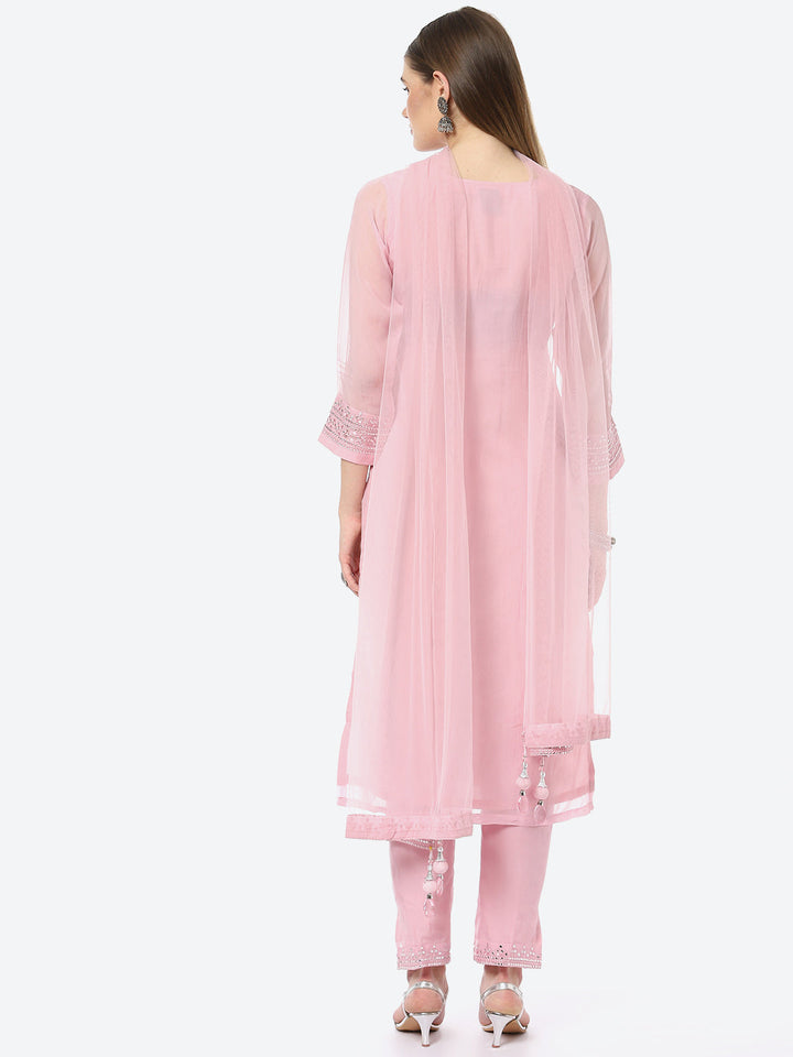 Resham Mirror Booti Organza Kurta With Pant &amp; Net Dupatta