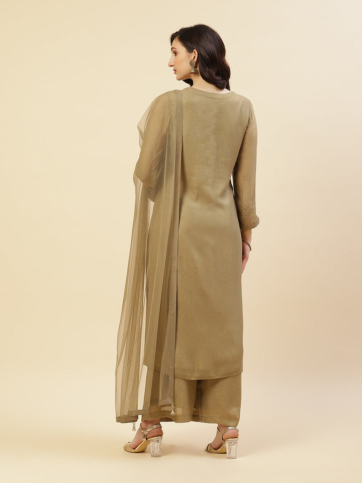 Embroidered Georgette Kurti With Palazzo And Dupatta