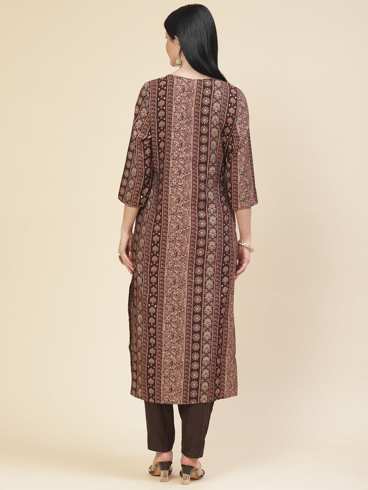 Neck Embroidered &amp; Printed Muslin Kurta With Pants