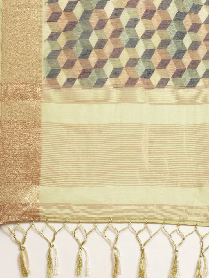 Abstract Printed Banarasi Pallu Cotton Woven Saree