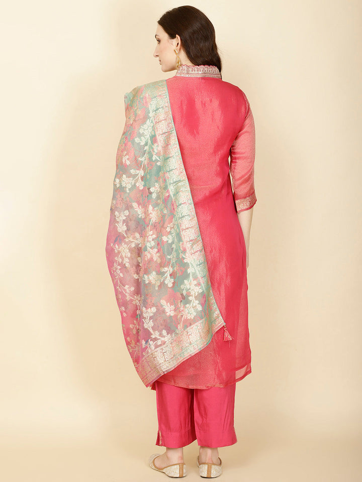 Floral Woven Tissue Kurta With Pants &amp; Dupatta