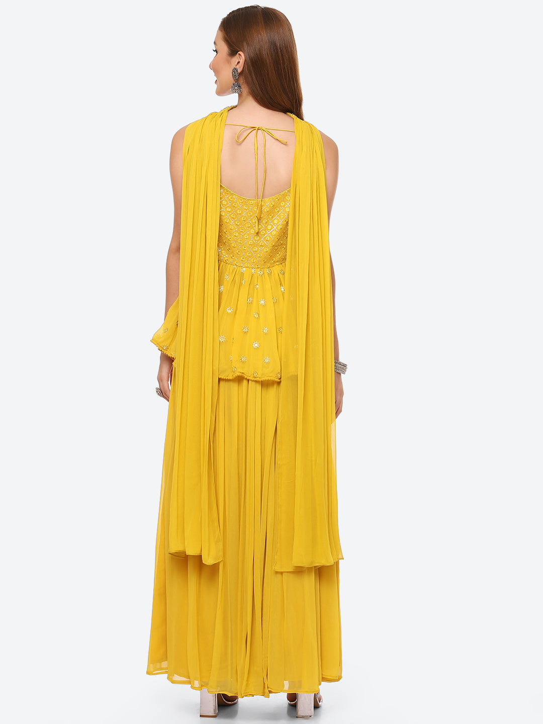 Mirror Neck Embroidered Georgette Peplum Kurti With Garara &amp; Georgette Dupatta