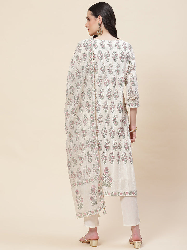 Floral Printed Cotton Kurta With Pants &amp; Dupatta