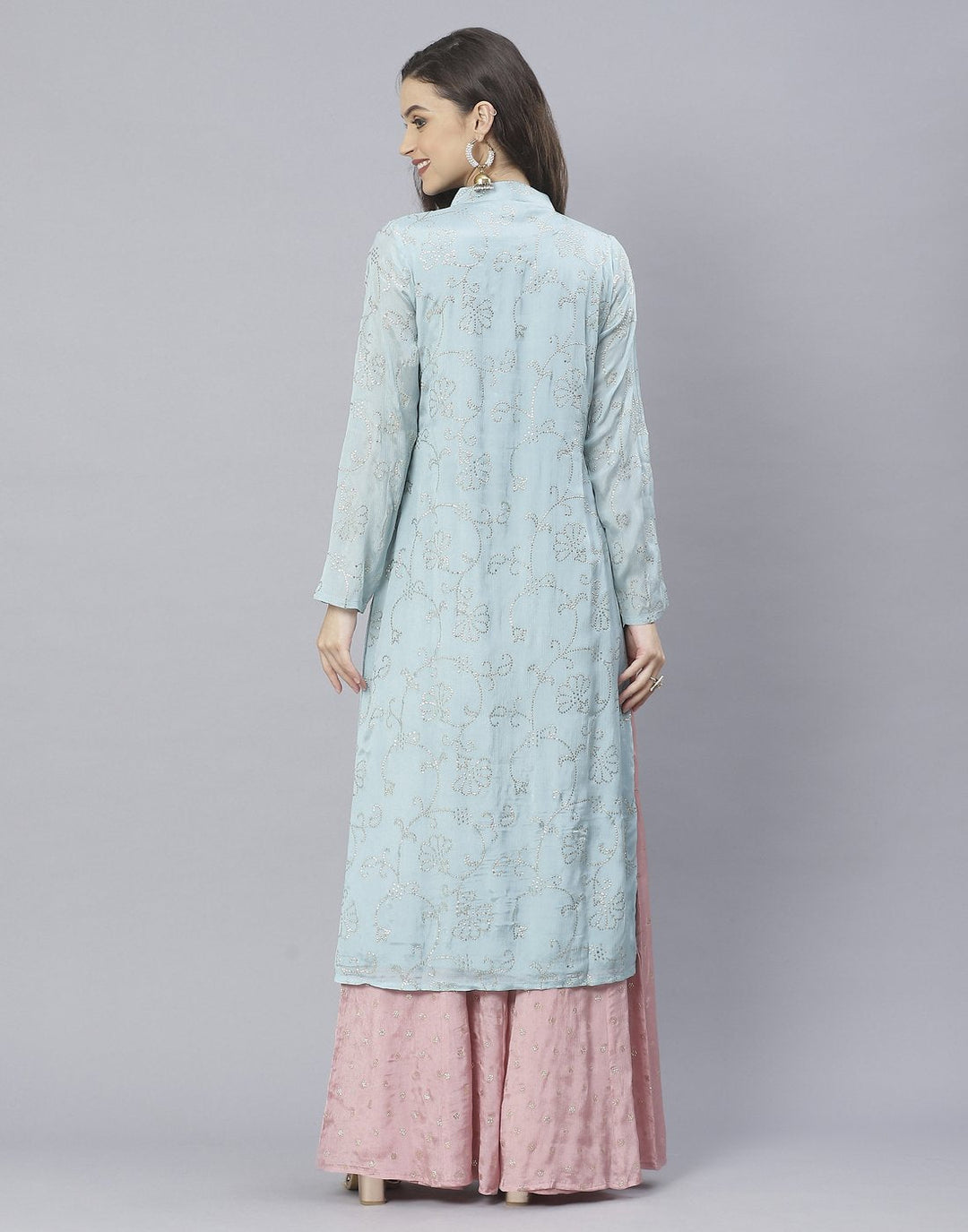 Aqua Blue and Pink Art Crepe Salwar Kameez