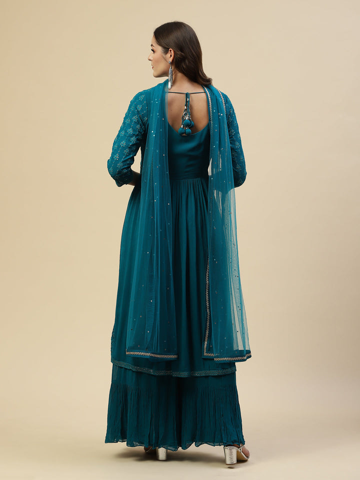 Embroidered Georgette Kurta With Palazzo &amp; Dupatta