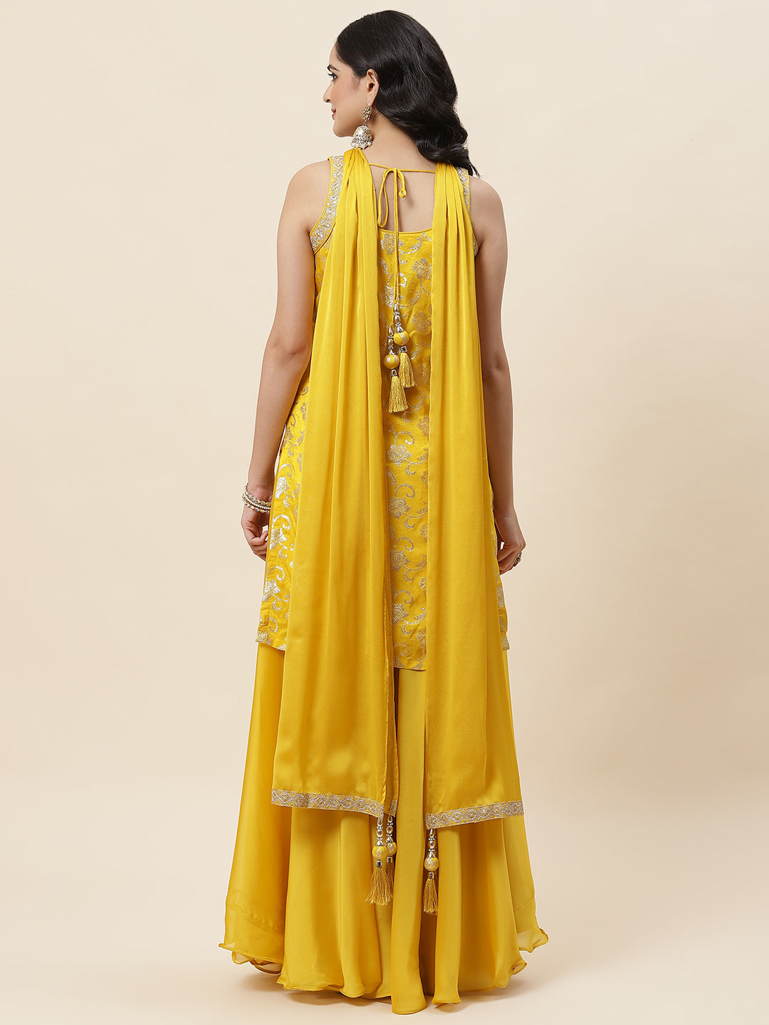 Floral Woven Georgette Kurta With Sharara &amp; Dupatta