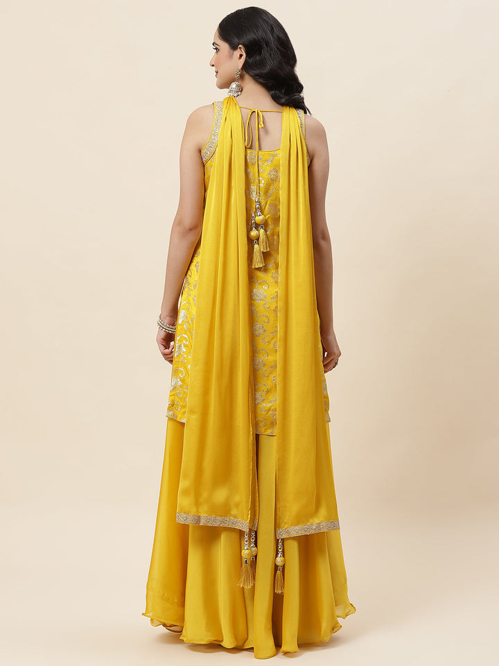 Floral Woven Georgette Kurta With Sharara &amp; Dupatta