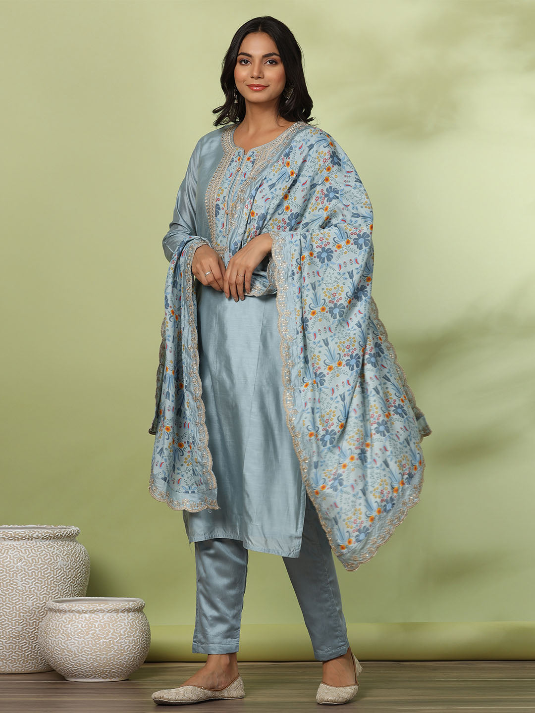 Neck Embroidered Chanderi Kurta With Pants &amp; Dupatta
