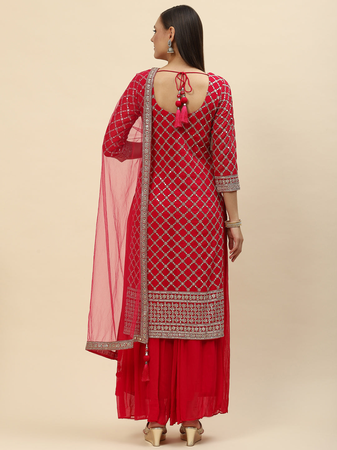 Zari Jaal Georgette Kurta With Palazzo &amp; Dupatta