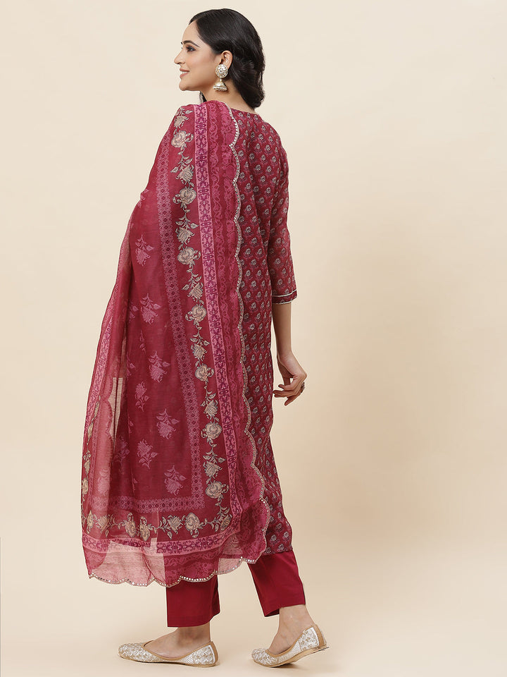 Floral Printed Chanderi Kurta With Pants &amp; Dupatta