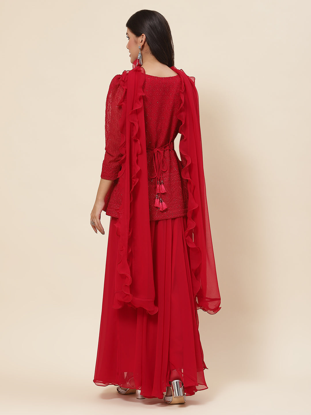 Resham Embroidered Georgette Kurti With Palazzo &amp; Dupatta
