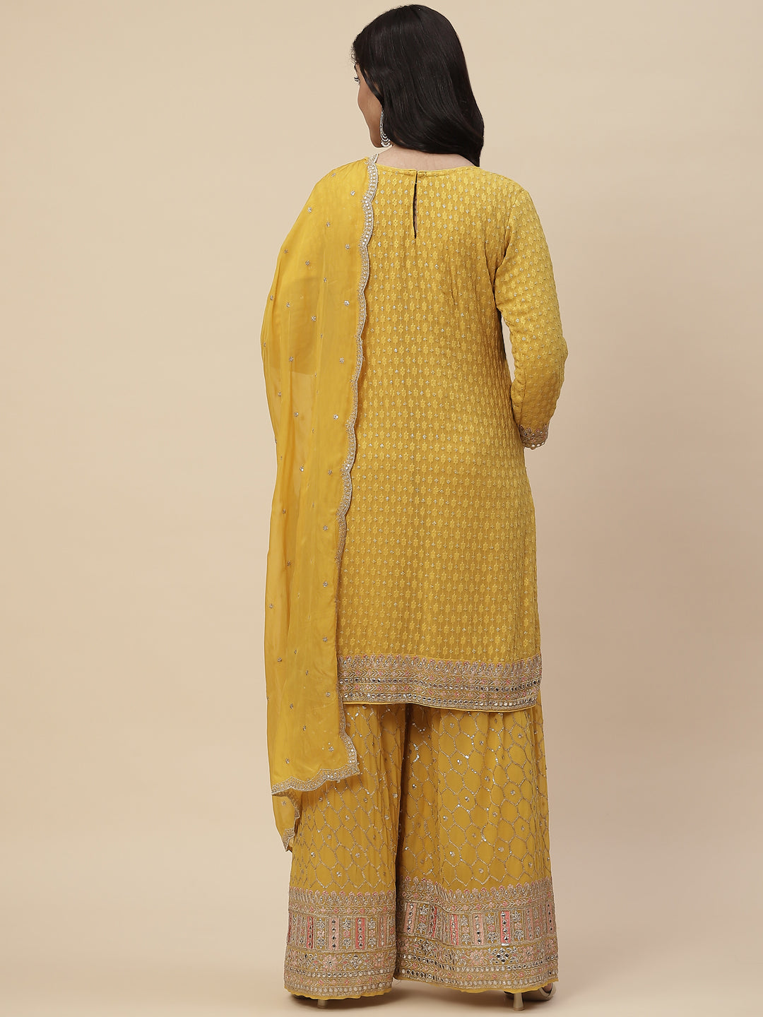 Sequin Embroidered Georgette Kurta With Sharara &amp; Dupatta
