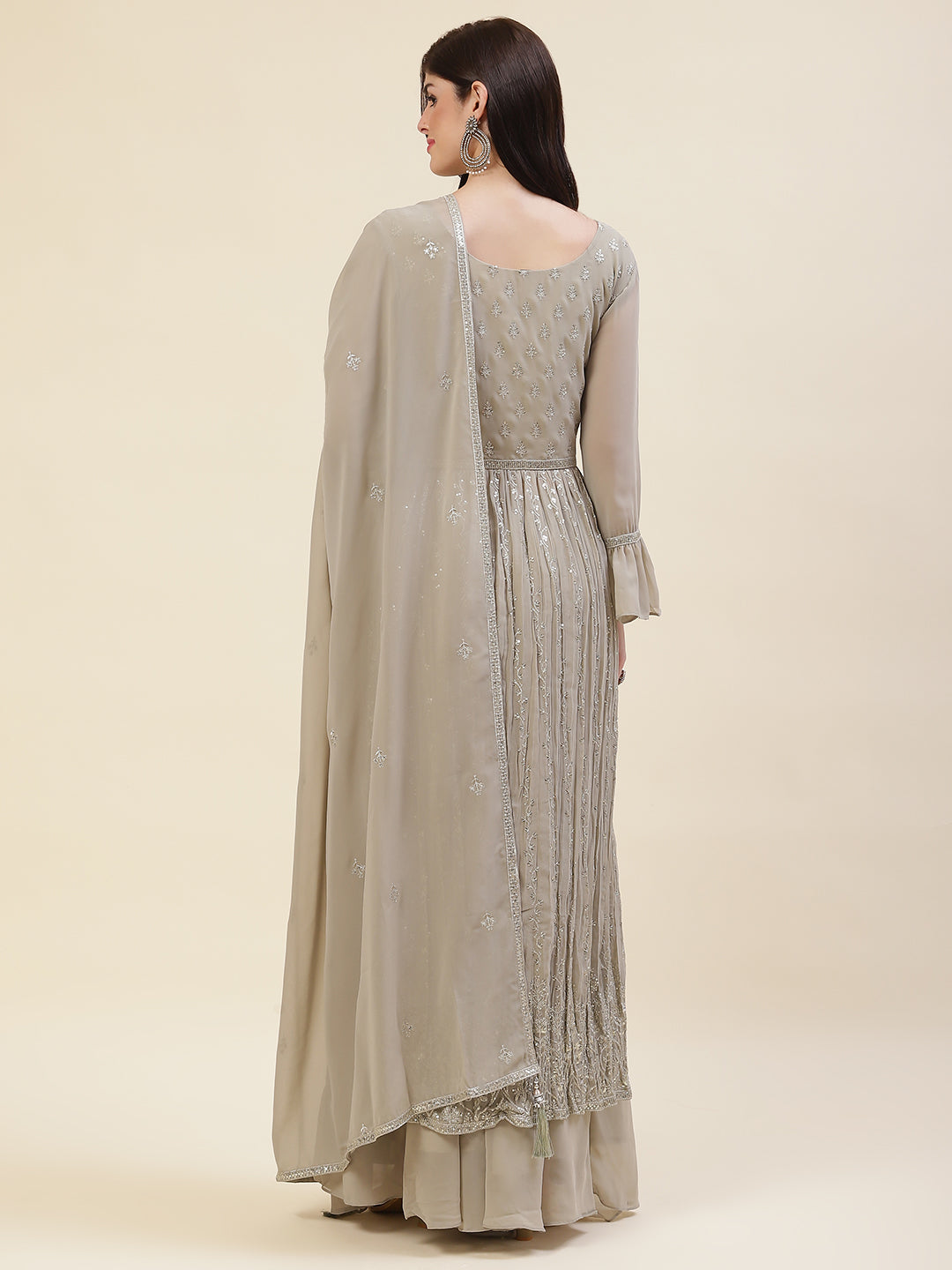 Sequin Embroidered Booti Georgette Kurta With Palazzo &amp; Dupatta