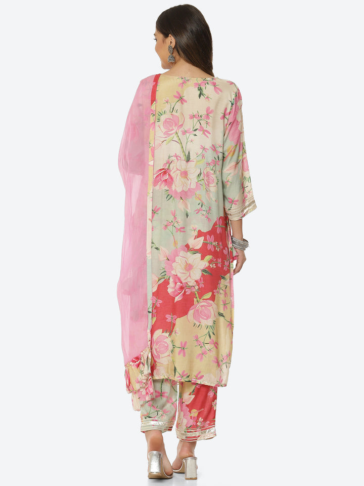 Floral Printed Muslin Kurta With Pant &amp; Dupatta