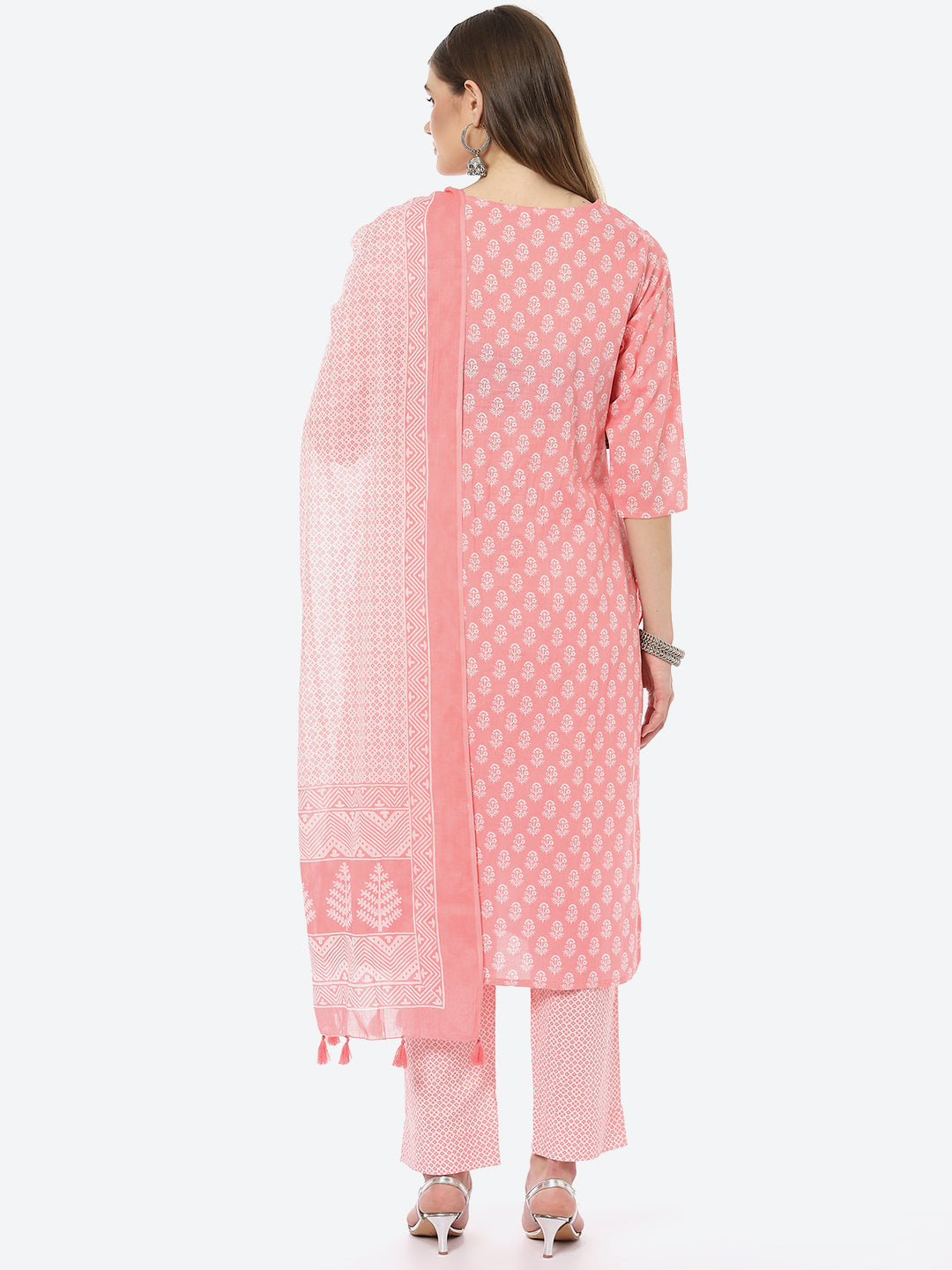 Resham Neck Booti Cotton Kurta With Pant &amp; Cotton Dupatta