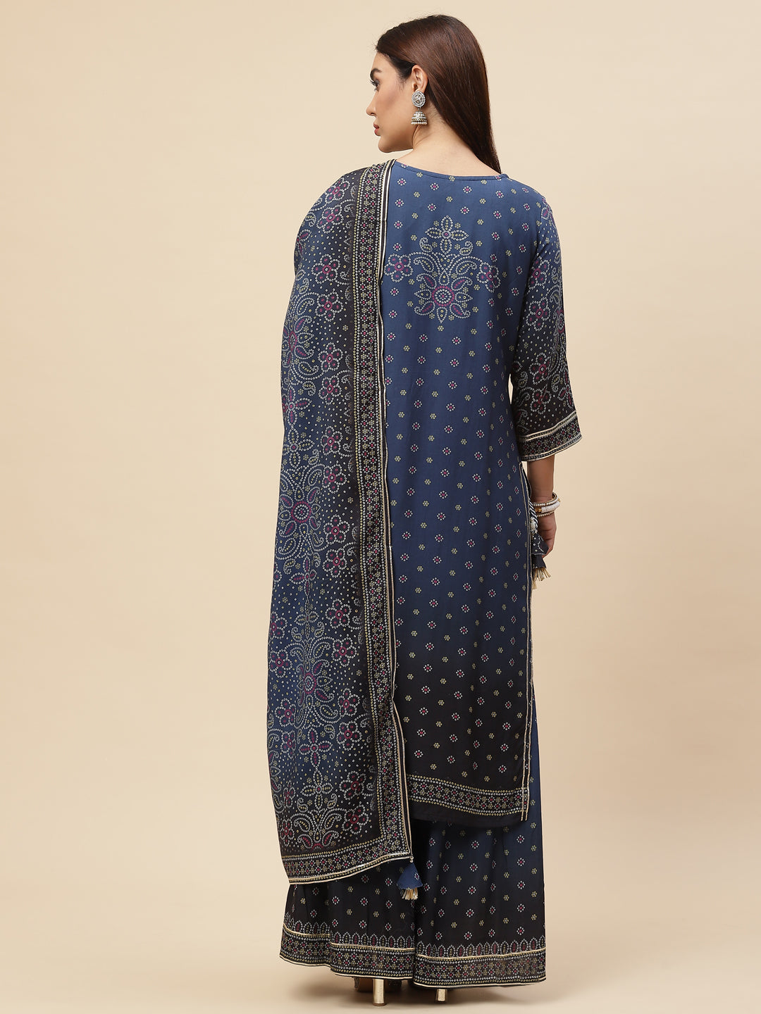 Bandhani Printed Muslin Kurta With Sharara &amp; Dupatta