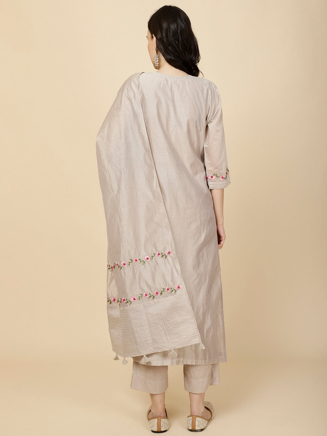 Resham &amp; Panel Embroidery Cotton Suit Set With Dupatta