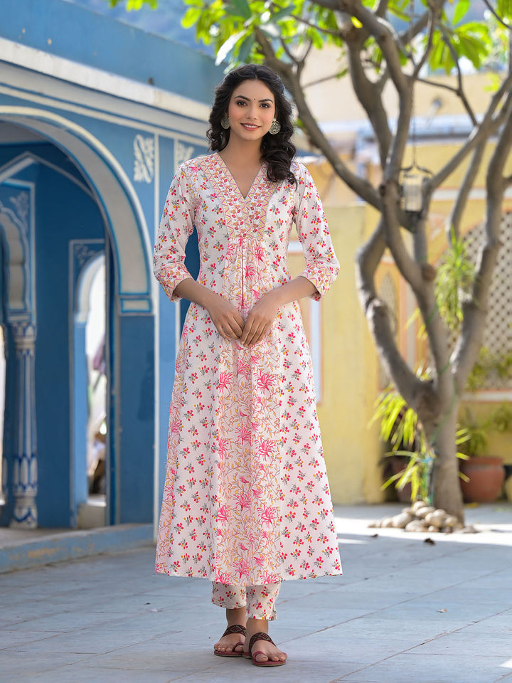 Printed Cotton Kurta With Pants &amp; Dupatta