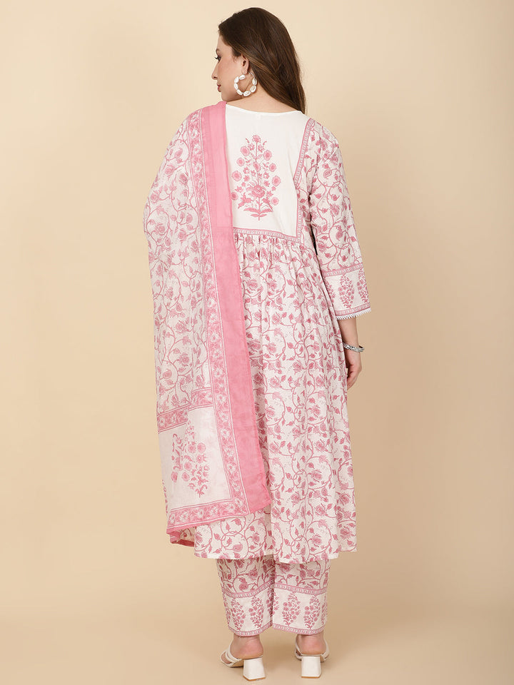 Floral Block Printed Cotton Kurta With Pants &amp; Dupatta