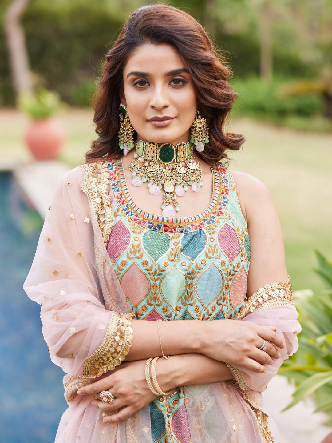 Resham Ghera Embroidered Georgette Kurti With Garara &amp; Dupatta