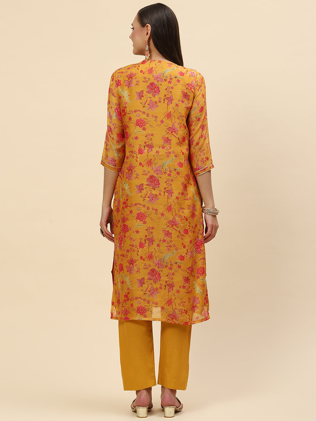 Neck Embroidered &amp; Floral Printed Chanderi Kurta With Pants