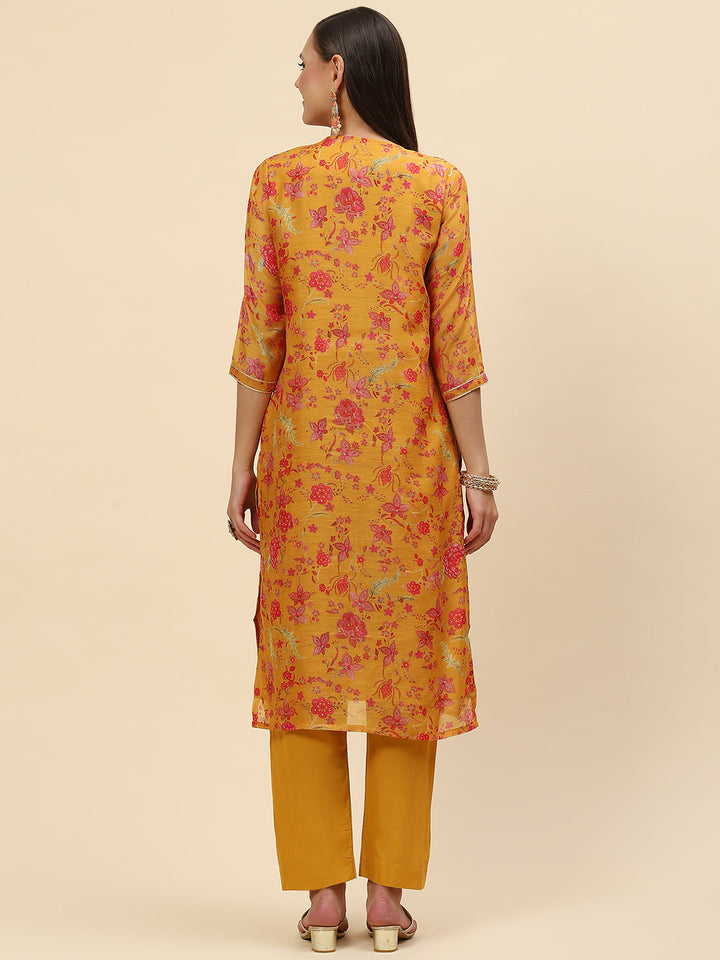 Neck Embroidered &amp; Floral Printed Chanderi Kurta With Pants