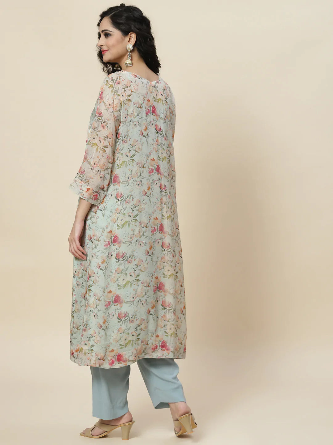 Floral Printed Organza Kurta With Palazzo &amp; Inner