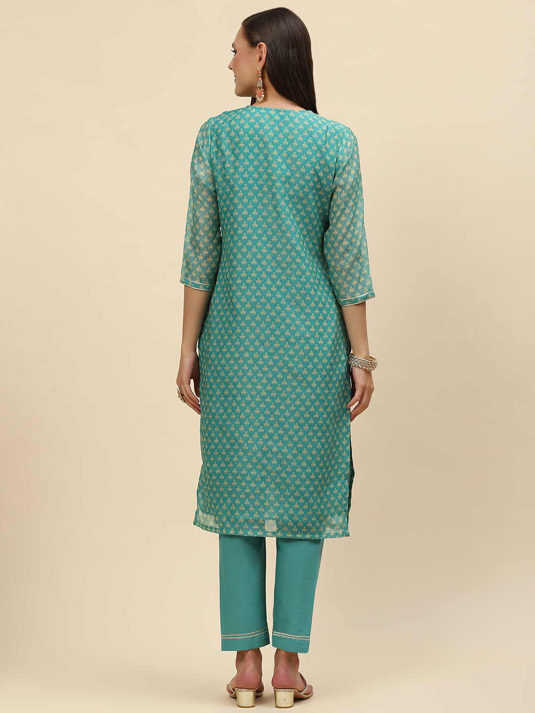 Gota Neck &amp; Printed Chanderi Kurta With Pants