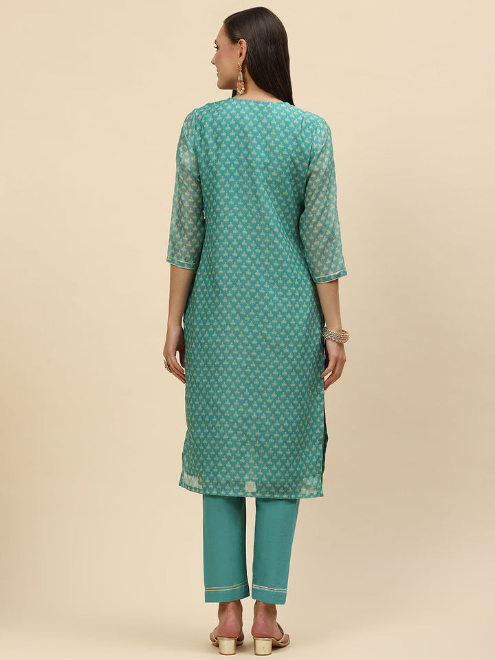 Gota Neck &amp; Printed Chanderi Kurta With Pants