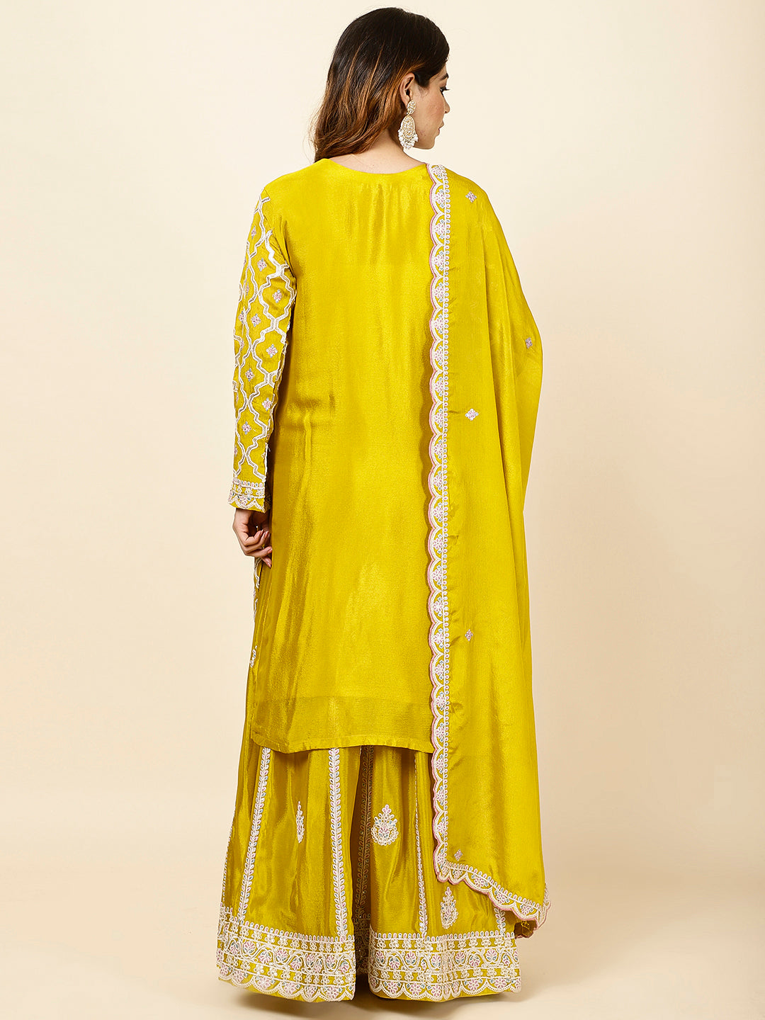 Embroidered Crepe Kurta With Lehenga &amp; Dupatta