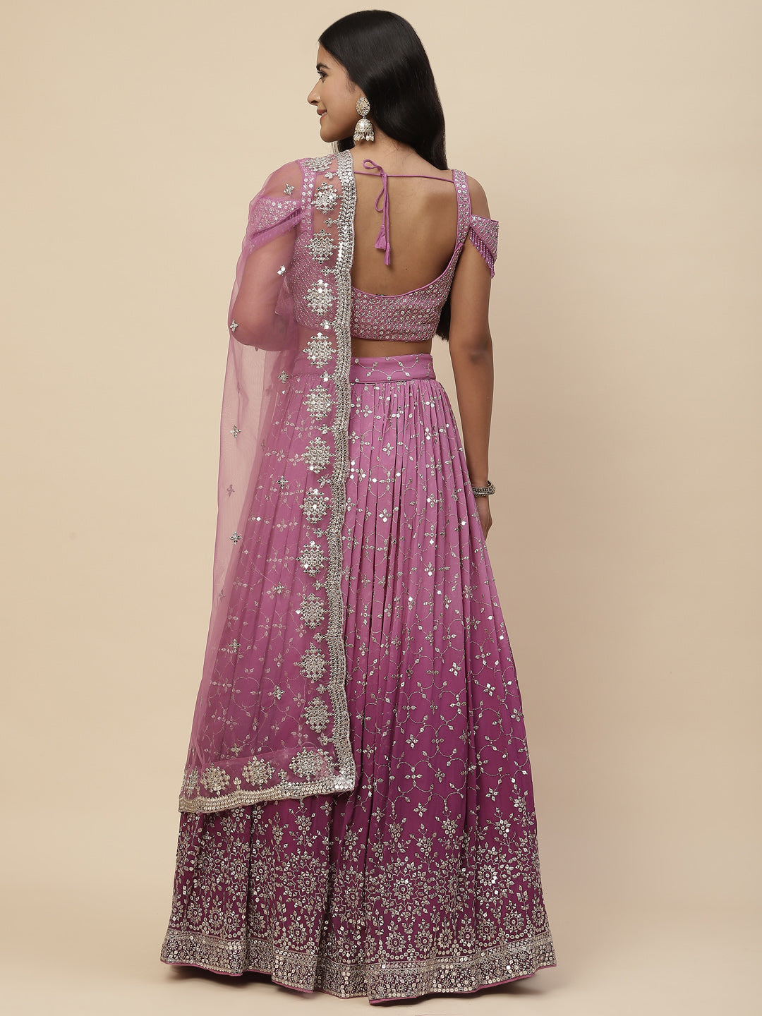 Sequin Embroidered Georgette Lehenga With Choli &amp; Net Dupatta