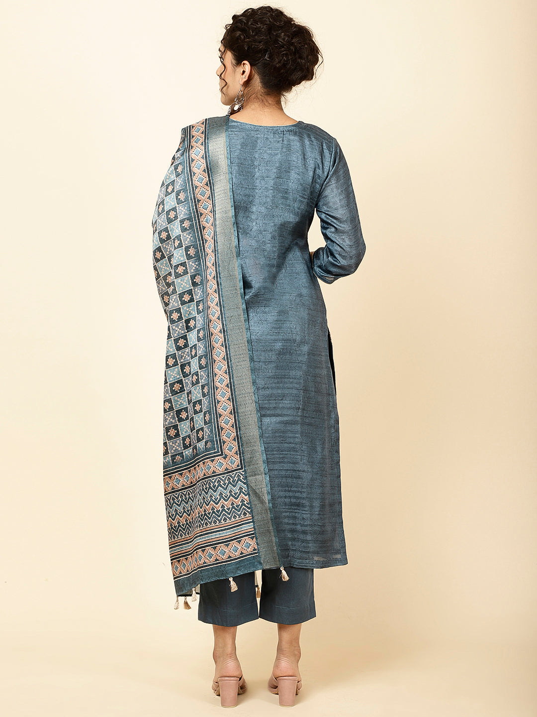 Embroidered Tussar Kurta With Pants &amp; Dupatta