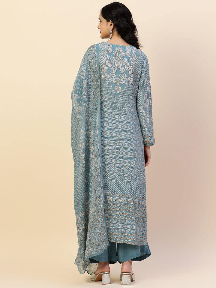 Digital Printed Crepe Kurta With Palazzo &amp; Dupatta