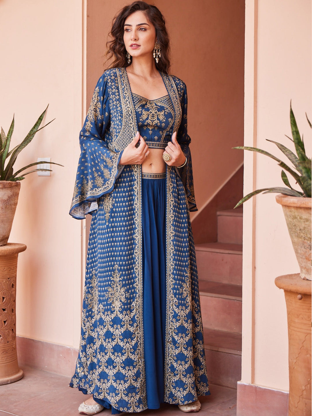 Digital Printed Crepe Kurti With Sharara &amp; Georgette Jacket