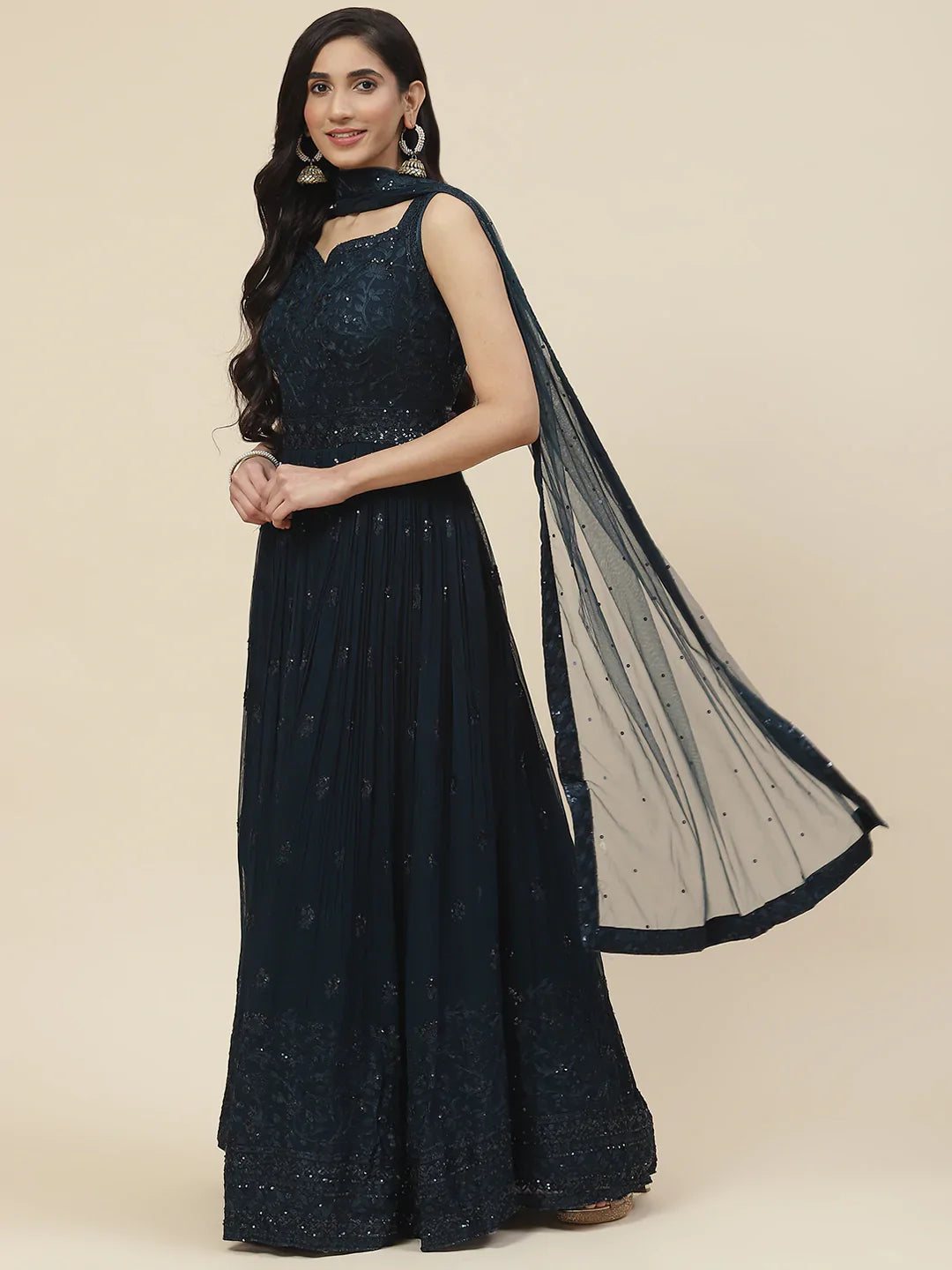 Resham Booti Embroidered Georgette Kurta With Churidar &amp; Dupatta