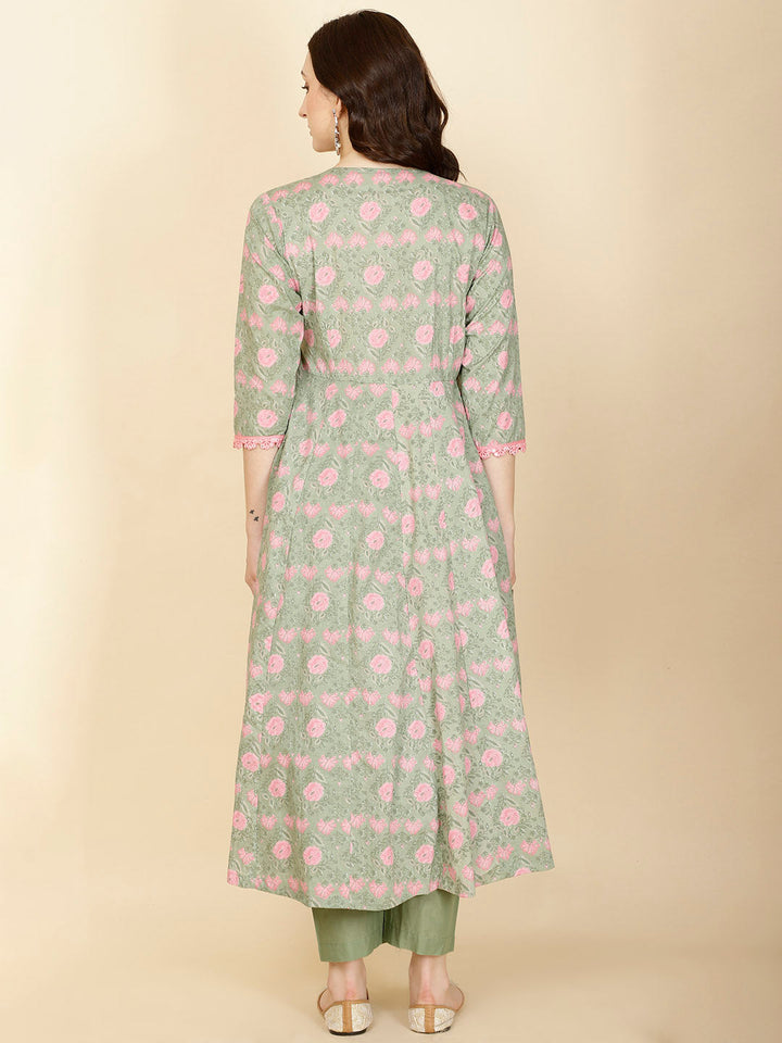 Floral Printed Cotton Anarkali Kurta With Pants