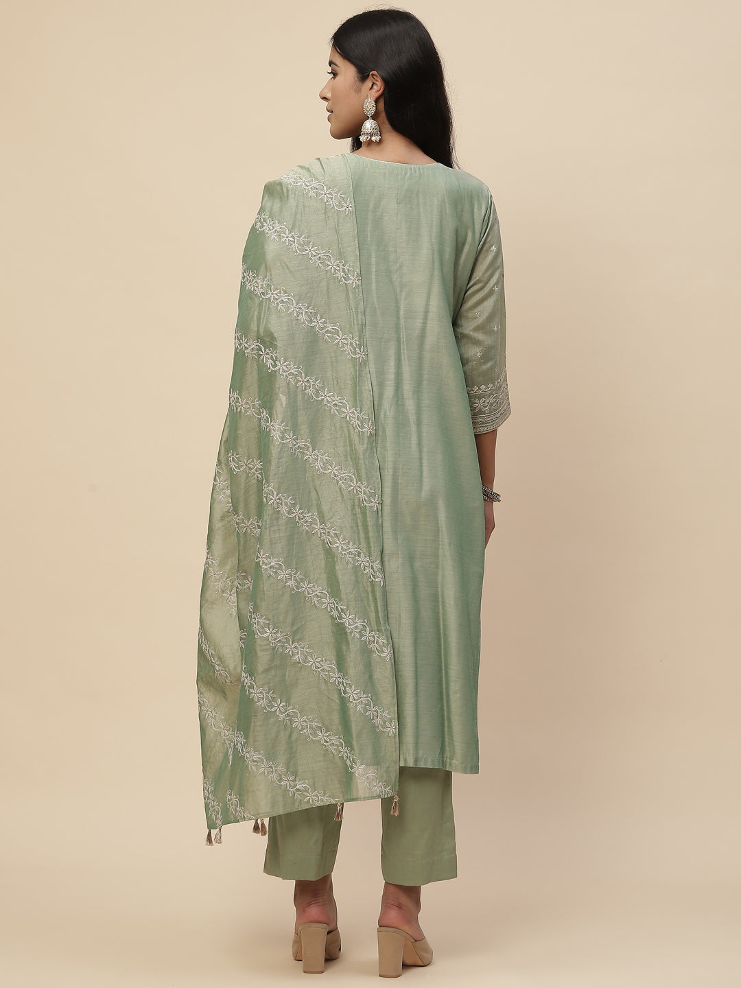 Zari Embroidered Cotton Kurta With Pants &amp; Dupatta