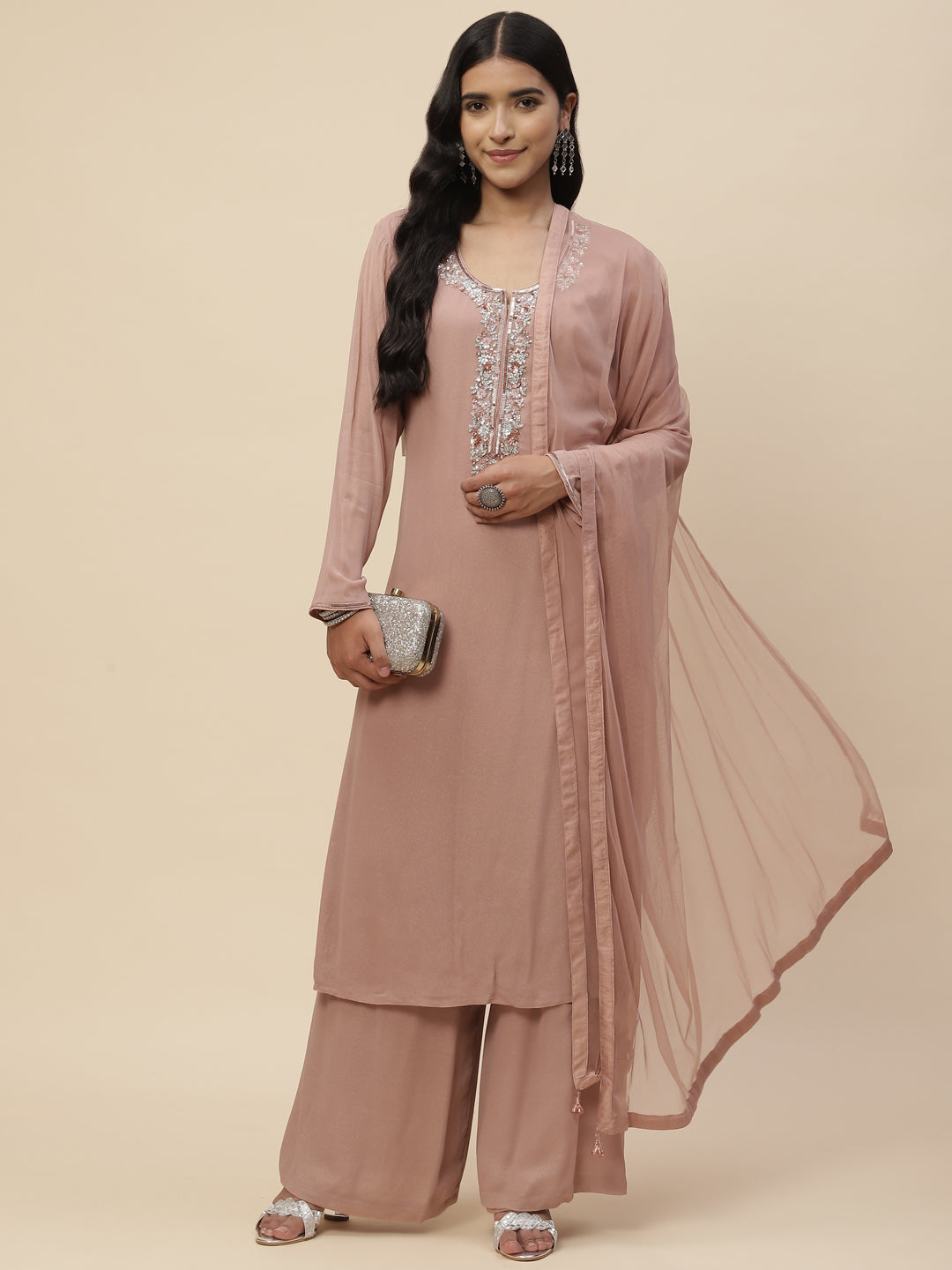 Stone Work Georgette Kurta With Pants &amp; Dupatta
